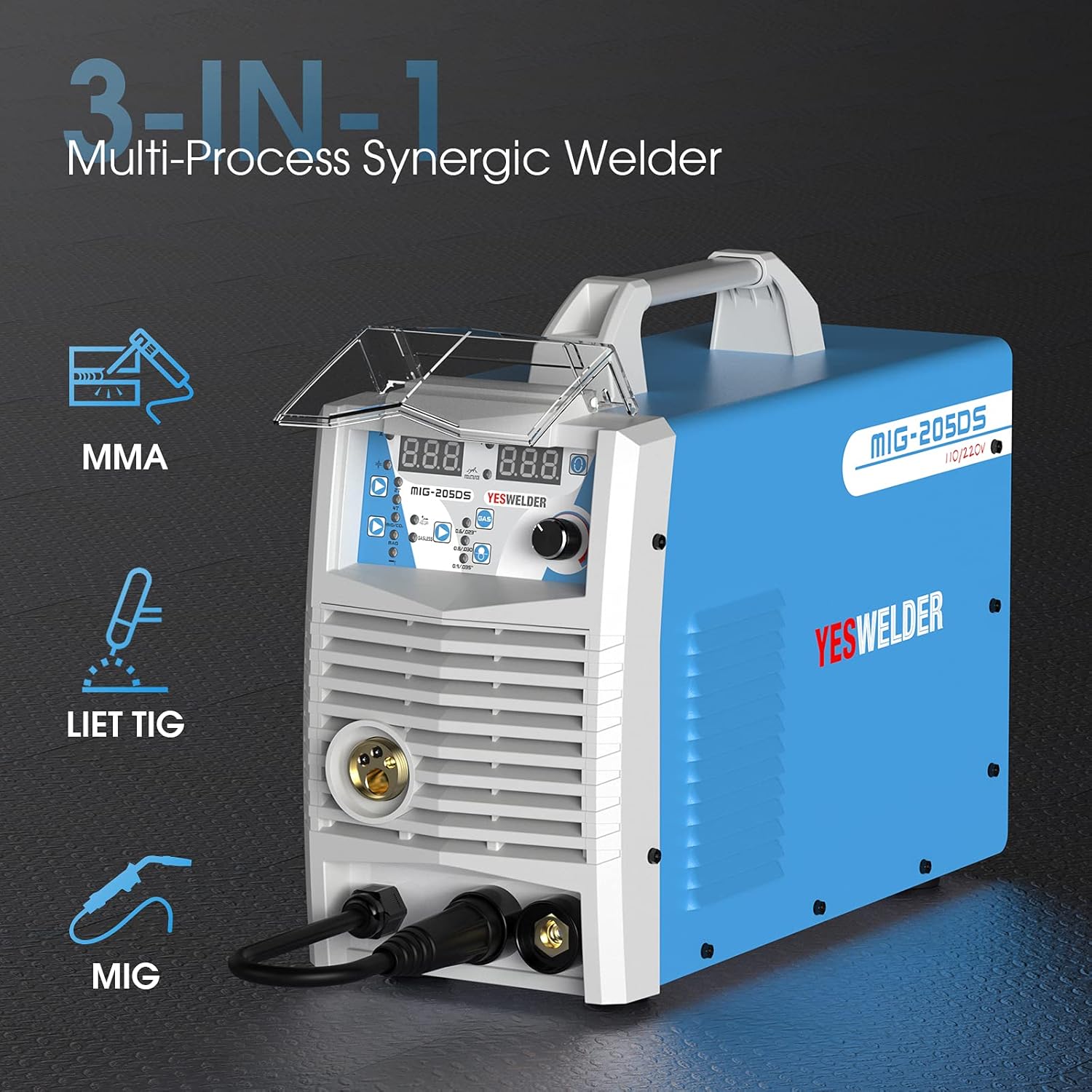 YESWELDER Digital MIG-205DS MIG Welder, 200Amp 110/220V Dual Voltage, Gas Gasless MIG Welding Machine MIG/Lift TIG/ARC 3 in 1 Welder - - 