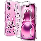 Diaclara Designed for iPhone 16 Plus Case, Full Body Rugged Case with Built-in Touch Sensitive Anti-Scratch Screen Protector, Upgraded [Full Camera Protection] for iPhone 16 Plus 6.7",Clear Flower