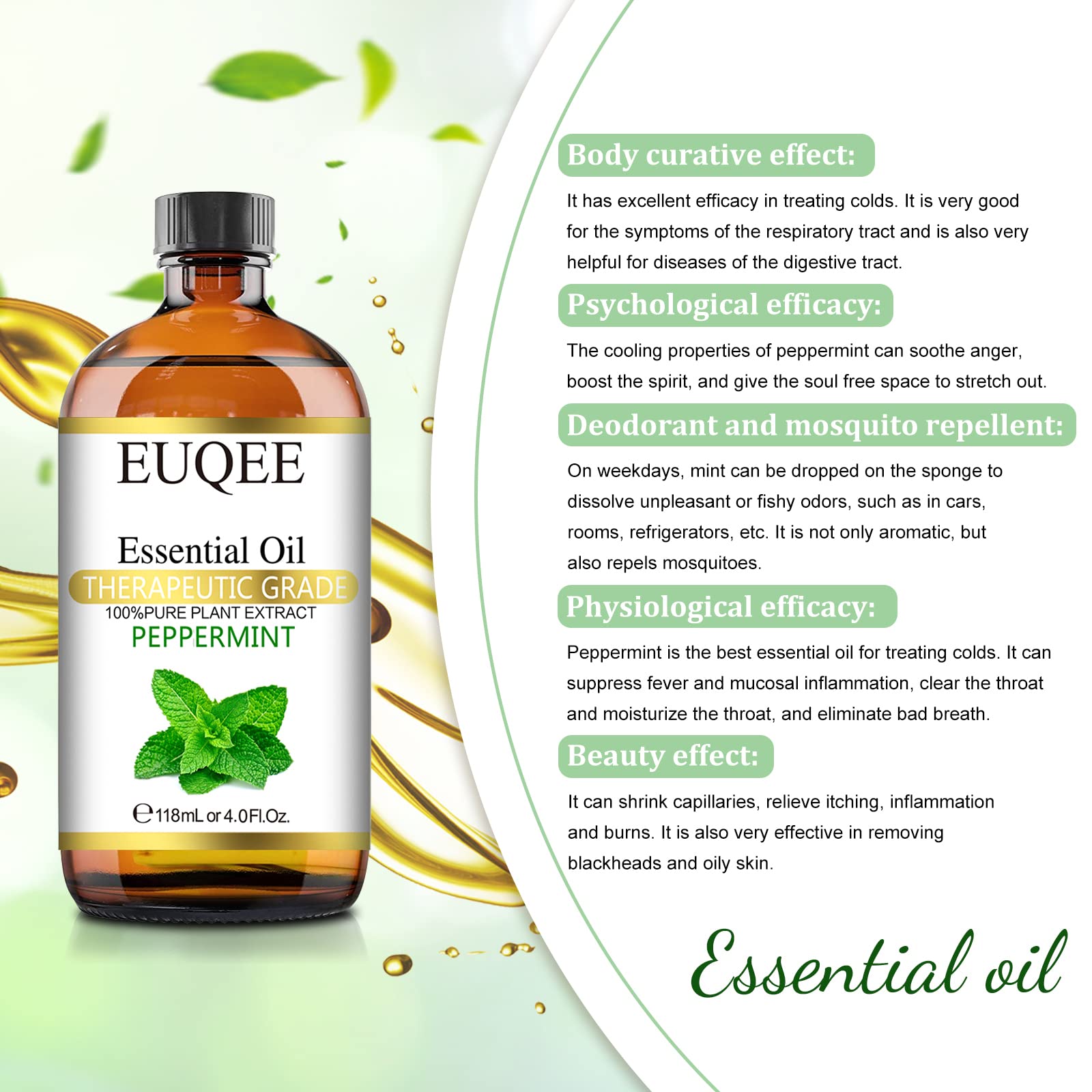 EUQEE Peppermint Essential Oil 118 ml Pure Peppermint Oil with Glass Dropper, Great for Aromatherapy, Diffuser, Soap Candle Making - 4Fl. Oz