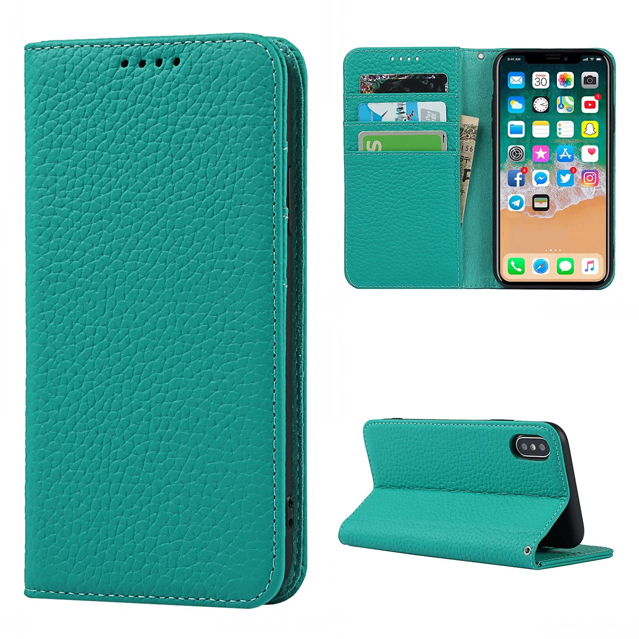 Copmob Phone Case iPhone X/XS,Flip Genuine Leather Wallet Case,[4 Slots][Magnetic closure][With Lanyard],Protective Cover Case for iPhone X/XS - Sky Blue
