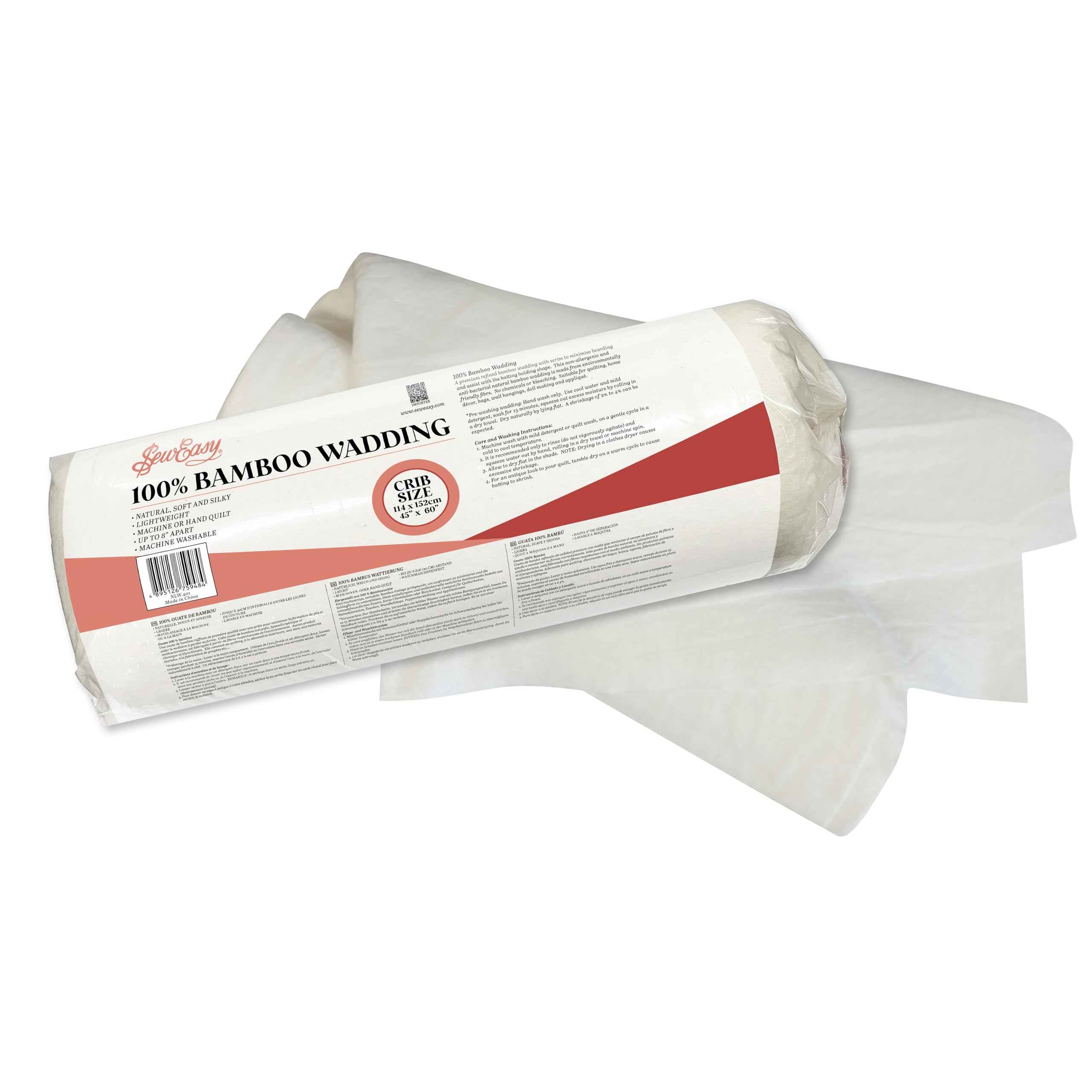 Sew Easy 100% Bamboo Wadding – Non-Allergenic,Anti-Bacterial,Premium Refined Batting Scrim,Machine Washable,Quilting,Home Décor,Bags,Wall Hangings,Doll Making,Applique– Crib Size 114 x 152cm 45 x 60”
