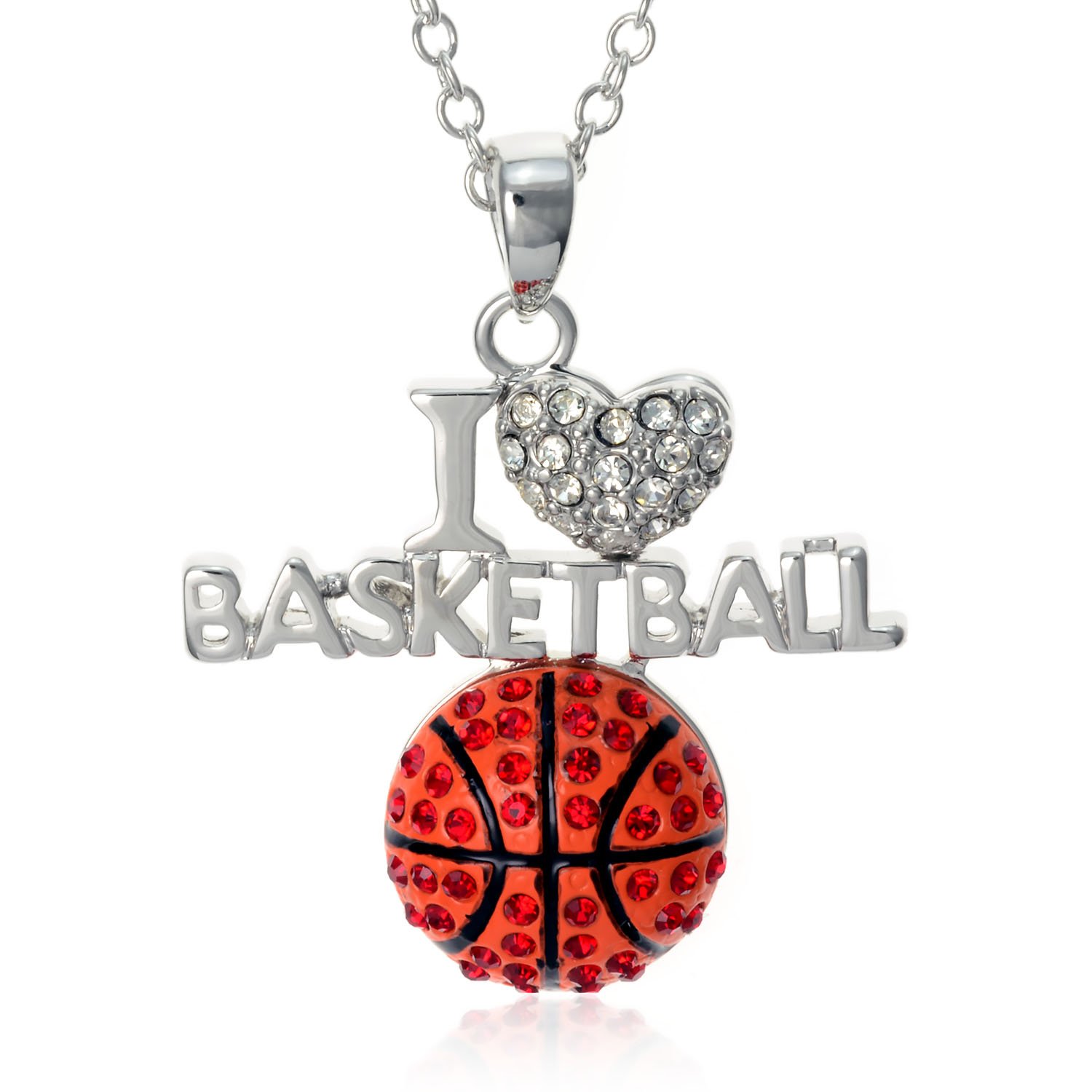 PammyJ Basketball Jewelry Orange Crystal I Love Basketball Pendant Necklace 18
