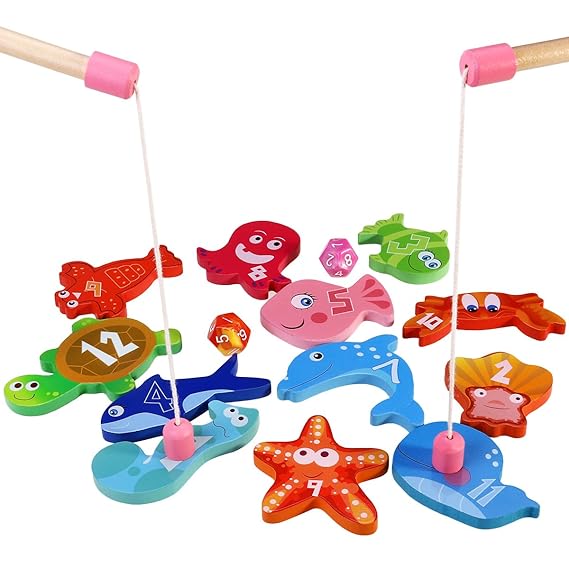 BESTOYARD Angelspiel aus Holz Angeln Spielzeug Kinderspiel mit 12 Verschiedenen Holz Magnet Fische und 2 Ruten, Perfekt Lerns