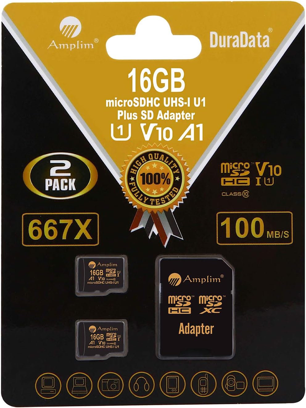 Amplim 16GB Micro SD Card, 2 Pack MicroSD Memory Plus Adapter, MicroSDHC Class 10 UHS-I U1 V10 TF Extreme High Speed Nintendo-Switch, GoPro Hero, Raspberry Pi, Phone Galaxy, Camera Cam, Tablet, PC