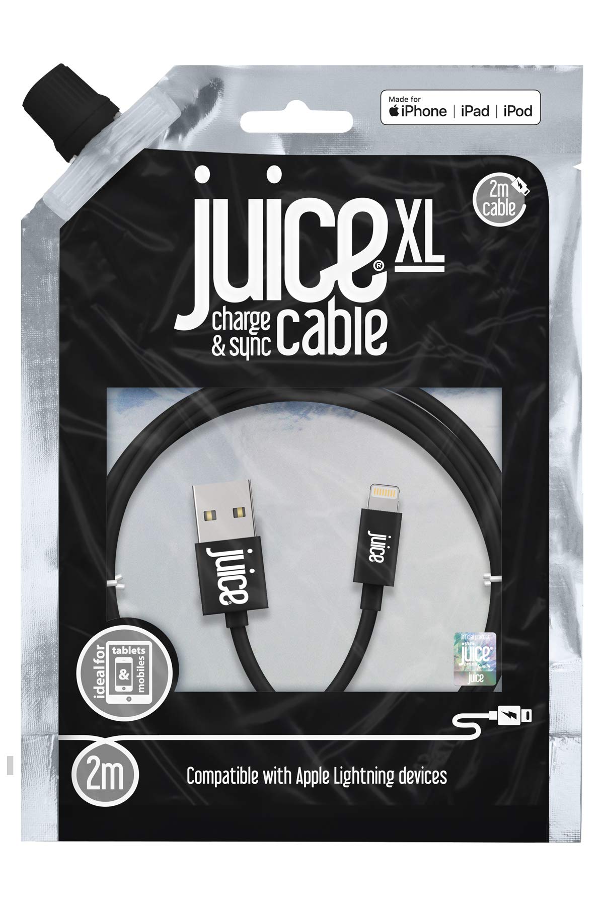 Juice Apple Lightning Cable 2m Round Black,iPhone 14, Max, Pro, Plus, iPhone 13, Max, Pro and Mini, iPhone 12, Max, Pro and Mini, iphone 11, Pro, X, Xr, iPhone 8, 7, 6, SE, 5, iPad,
