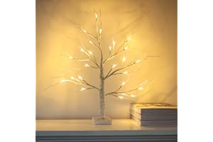 hogardeck 2FT 24LT Led Lighted Birch Tree, White Money Artificial Tree for Christmas Decorations Indoor, Battery Powered Timer Winter Home Wedding Mantle Table Top Centerpieces Valentines Day Decor