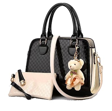 DI GRAZIA Womens 2 in 1 Combo of Black Hard Embossed Satchel Handbag and Wrist Pouch with Teddy Charm