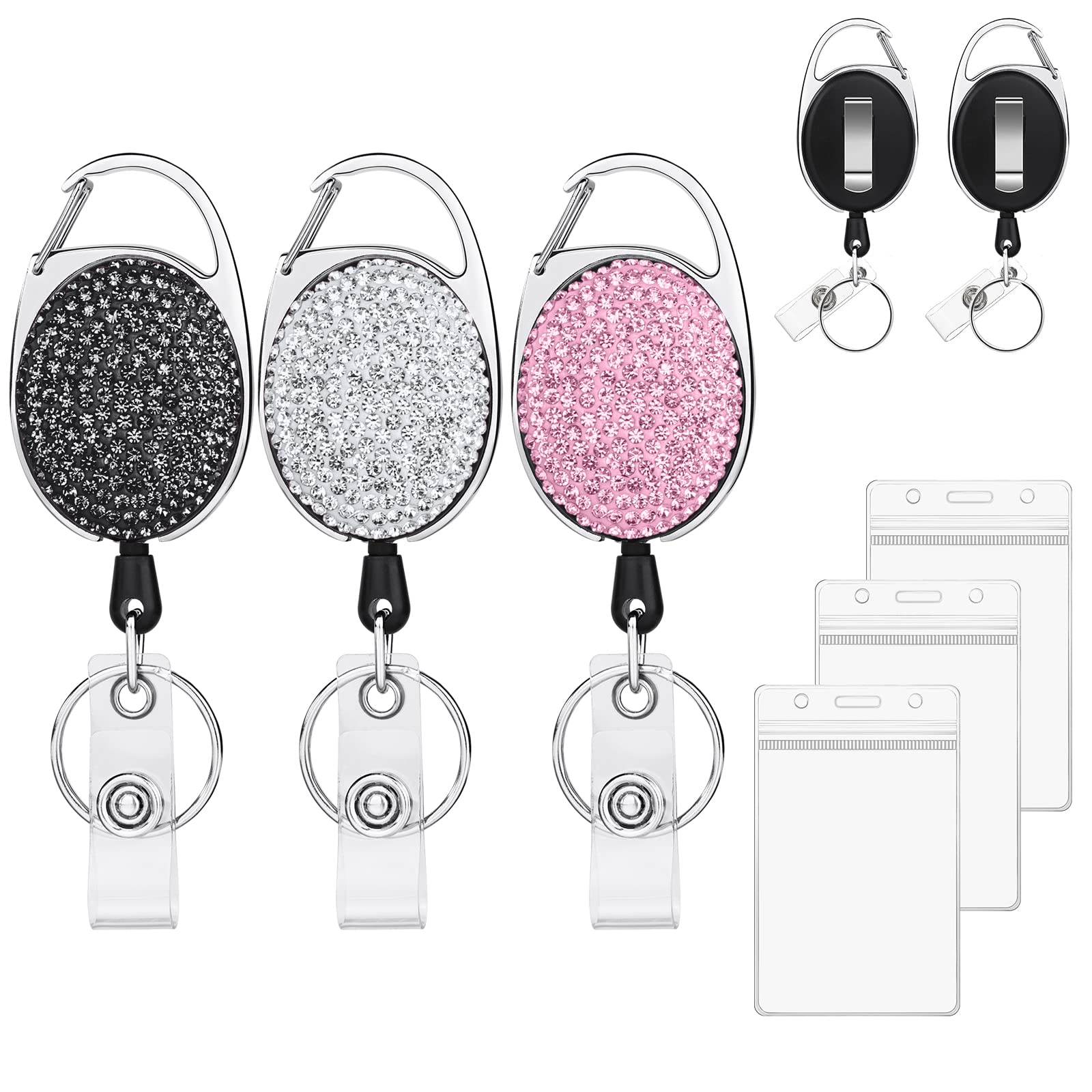 Vicloon Retractable ID Badge Holder, 3pcs ID Name Badge Reels and 3pcs ID Card Holder, Key Lanyard Belt Clip with Rhinestones for Office Worker Teacher Doctor (Black, White, Pink)