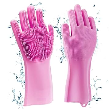 Horlite Silicone Non-Slip, Dishwashing and Pet Grooming, Magic Latex Scrubbing Gloves for