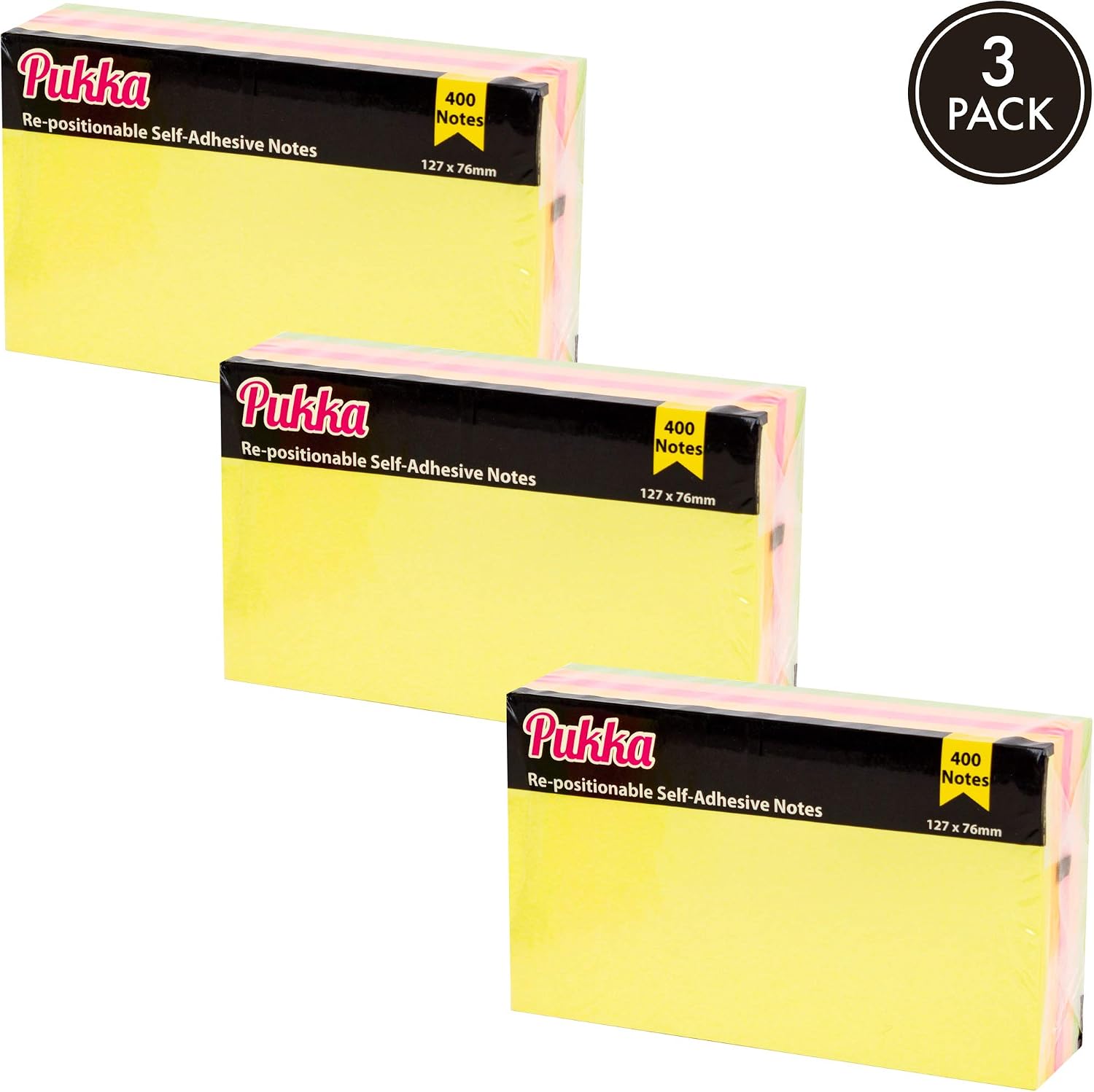 Pukka Pad 3-Pack Sticky Notes - Repositional, Self-Adhesive Notes - 127 x 76 mm, 400 Sheets, Neon, multicolor - Image 3