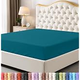 Queen Fitted Sheet, Ultra Soft Fits Up to 15 Inch Deep Pocket, Denim Blue | Hotel Comfort, Cooling &amp; Breathable Cotton like Polyester, Easy Fit, Wrinkle &amp; Fade Resistant, Snug Fit, Easy Care, Oeko-Tex