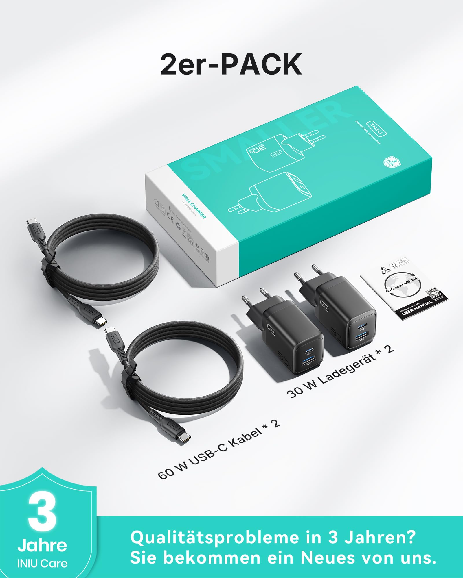 INIU 30W USB C Ladegerät, Dual-Port GaN Schnellladegerät mit 1,5m 60W Kabel 6