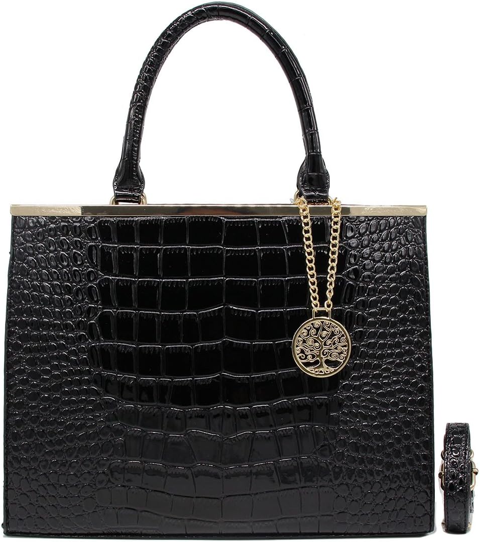 CRAZYCHIC - Women's Tote Handbag - Large Shopper Shoulder Bag - Patent PU Leather Crocodile Pattern - Lady Elegant Top-Handle Shopping Bag - Fashion Style Briefcase - Black