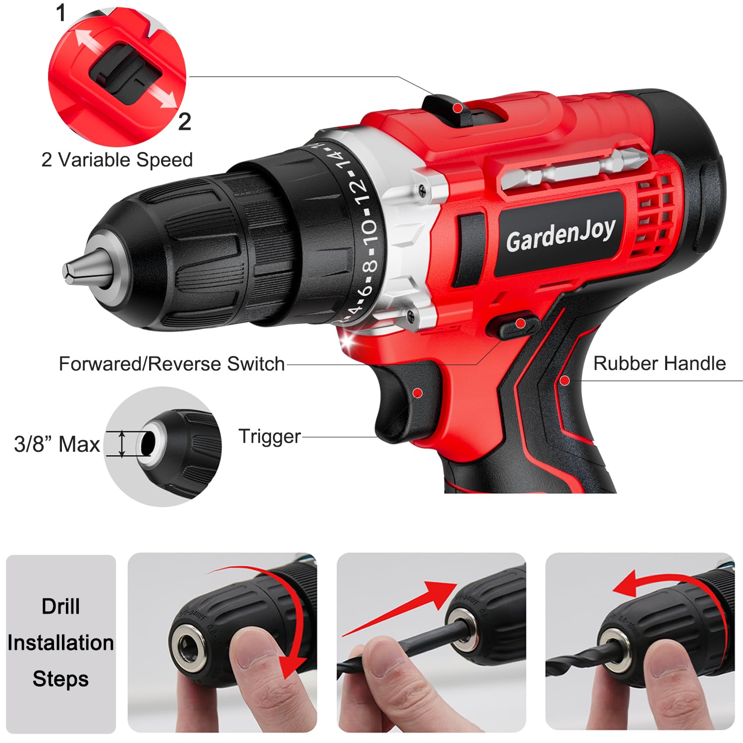 GardenJoy Cordless Power Drill Set: 12V Electric Drill with Battery and Charger, 65pcs Acessories, 3/8