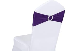 Obstal 50 PCS Spandex Stretch Chair Sashes Bows for Wedding Reception- Universal Elastic Chair Cover Bands with Buckle Slider for Banquet, Party, Hotel Event Decorations Purple Sashes