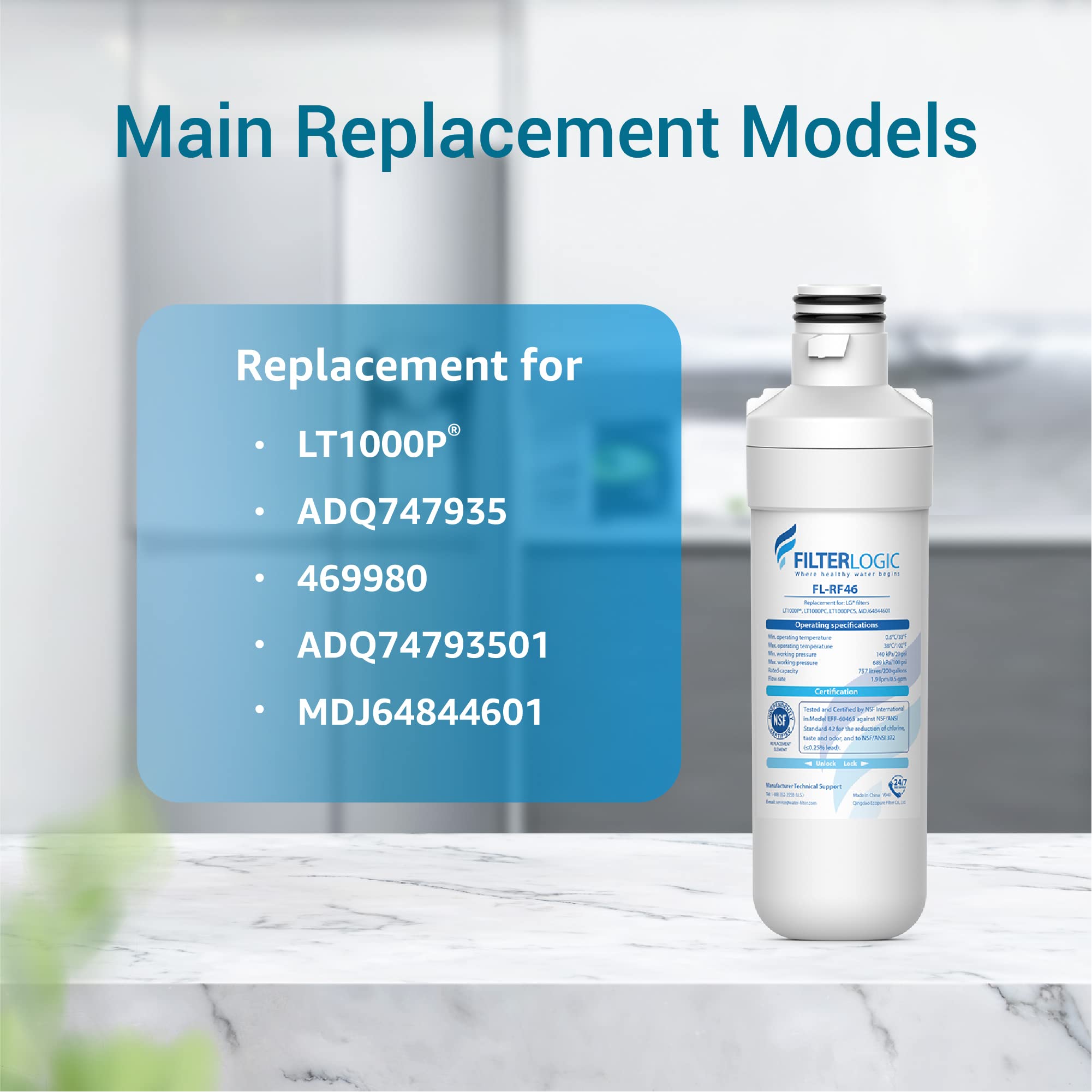 Filterlogic LT1000PC ADQ747935 MDJ64844601 Refrigerator Water Filter, Replacement for LG® LT1000P®/PC/PCS, LFXS26596S, LFXS28596S, LFXC22526S, ADQ74793501, ADQ74793502, Kenmore 46-9980, 3 Filters