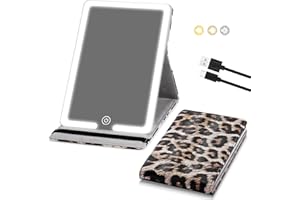SUUPVAOR PU Leather Vanity Cosmetic Mirror with Lights - Rechargeable 1500mAh Battery, 3-Color Light Modes Dimming LED Light Up Mirror of 8x5.5in, Travel Accessories for Makeup