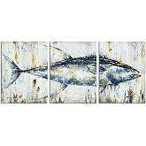 Saypeacher Modern Fish Canvas Wall Art Nautical Painting Blue and Gold Abstract Tuna Print 12x16inchesx3pcs