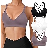 VEQING Seamless V-Neck Women Sports Bras, Padded Cross Back Wireless Low Impact Workout Yoga Bras for Small Chests, 3 Pack