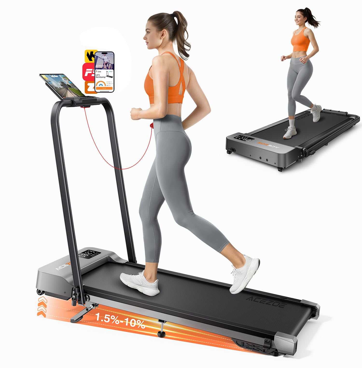 Photo 1 of Acezoe 2-in-1 Foldable Treadmill with 3-Level 10% Incline, Walking Pad for Home Small Office, Compact Portable Under Desk Treadmill with Handle,Dual LED Display, APP & Remote, 300 lbs Capacity