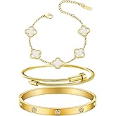 KIOGIU Womens Bracelet 18K Gold Plated Cuff Bangle Clover Bracelet Set for Women Four Leaf Lucky Bangle Jewelry Gift of Love