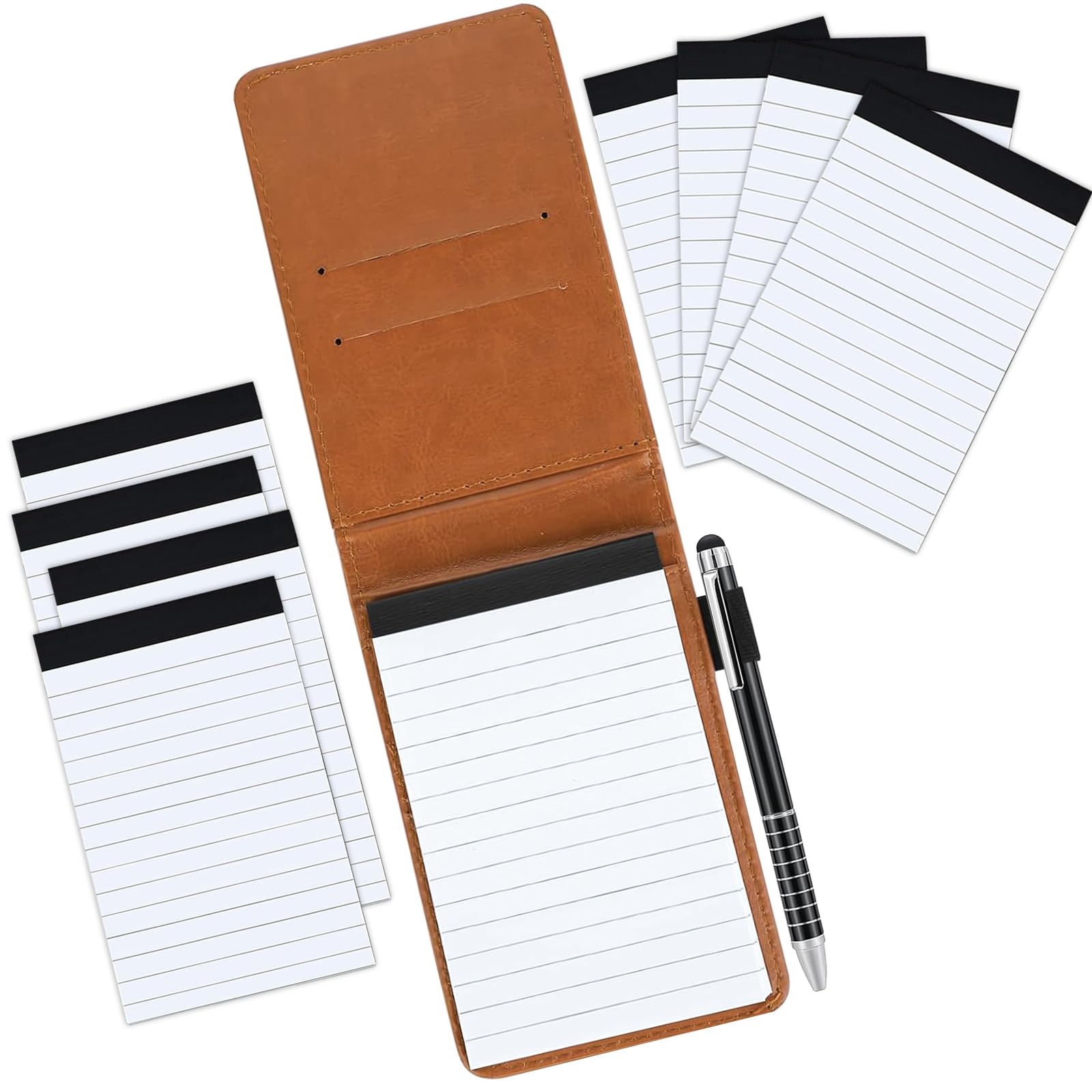 Elezeal Soft Leather A7 Notebook Pocket Refill Notepad Holder Set, Small Memo Note Pad, 8 Pcs 40 Sheets Lined 3" x 5" Refills Memo Book Steno Notebooks, 1 x Black ink Pen (Champagne-10 pack)
