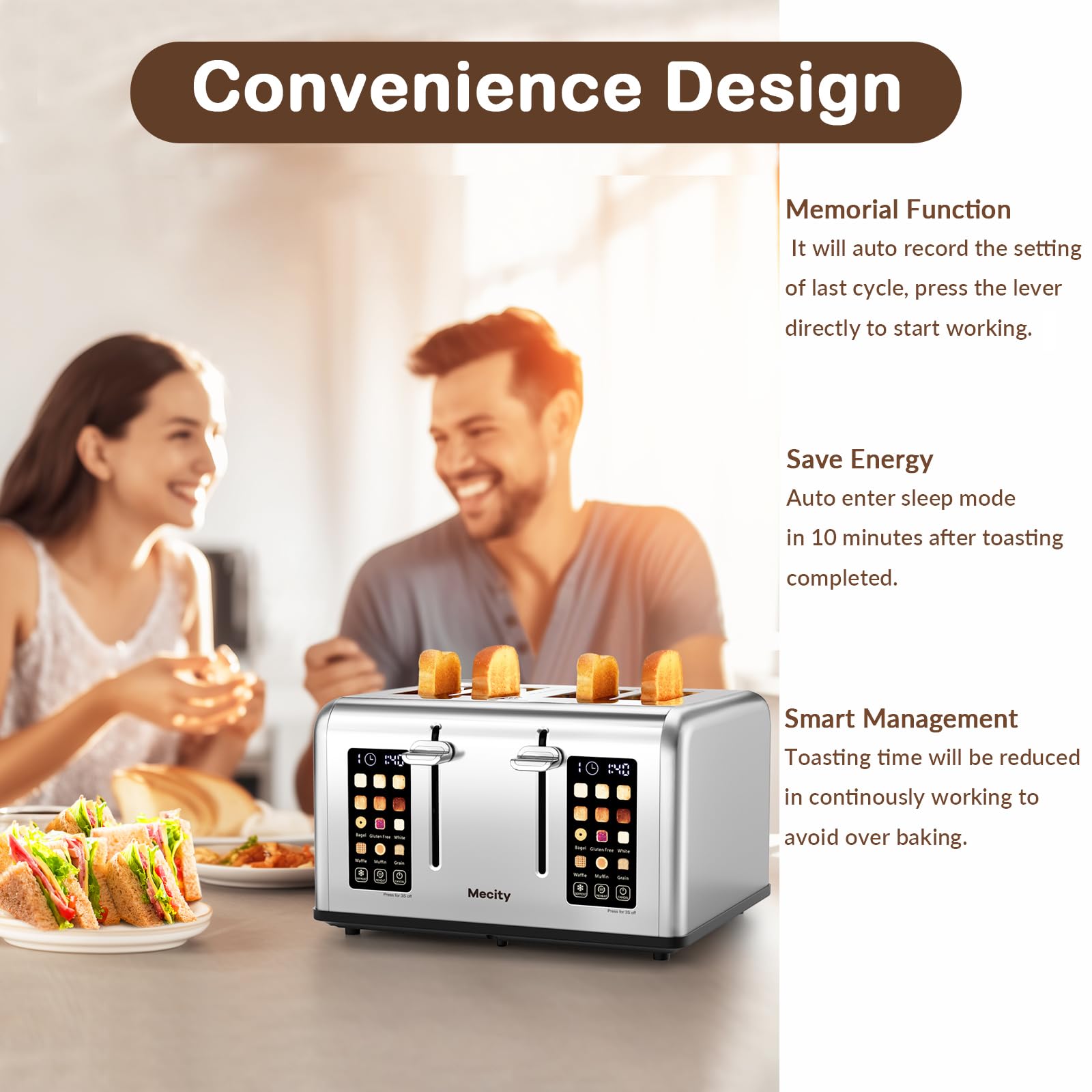 Mecity Tostadora de 4 Rebanadas con Control de Pantalla Táctil, 4 Ranuras Anchas, Tostadora de Pan Inteligente de Acero Inoxidable para Bagels, Muffins, Waffles, Panel de Control Dual, Temporizador, Descongelar, Recalentar, 120V 1650W