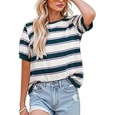 NILOINE Womens Summer Tops Striped Color Block Short Sleeve T-Shirts Color Block Crewneck Casual Loose Basic Tee Blouses