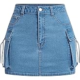 WDIRARA Women's High Waisted Denim Cargo Mini Skirt Stretchy Bodycon Jean Skirts