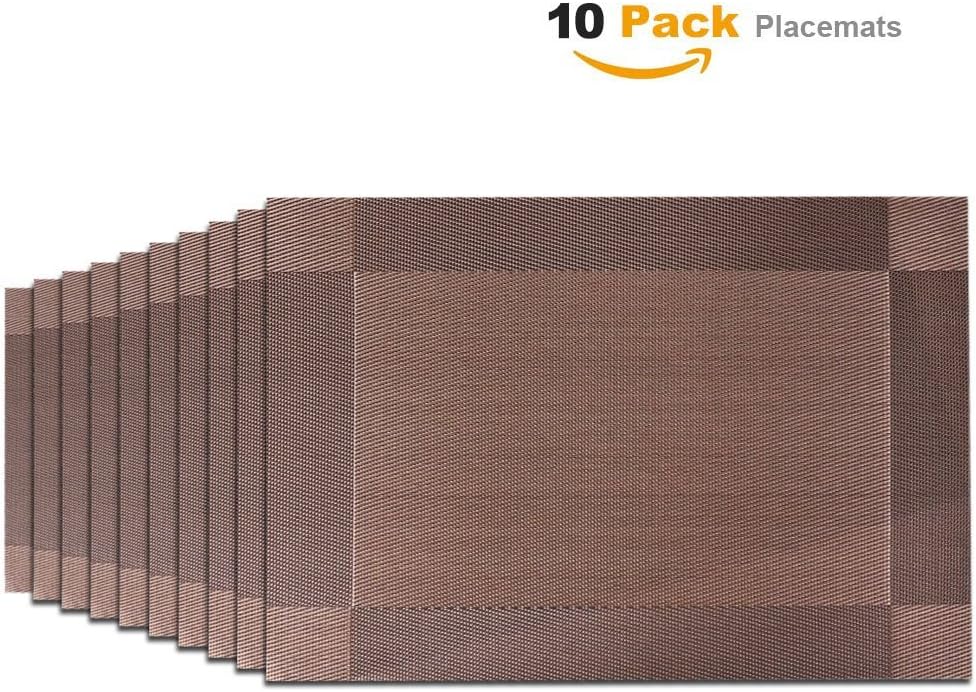 Placemats, Easome 10 Pack Washable Stain-resistant Woven Vinyl Kitchen PVC Non-slip Insulation Placemats (Brown)