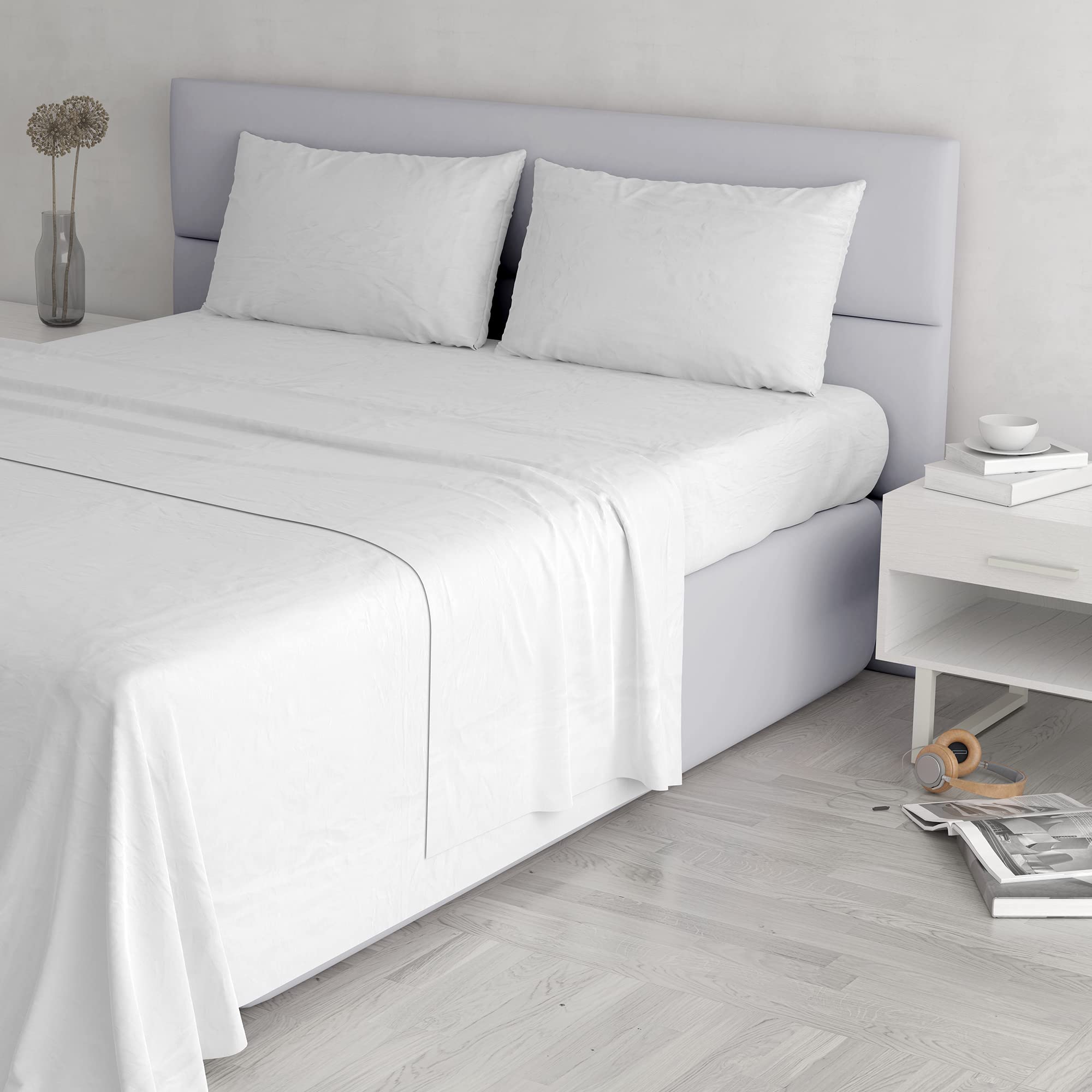 Italian Bed Linen Elegant Bed Linen Set (Flat 250x300, Fitted Sheet 170x200cm+2 Pillowcases 52x82cm), White, DOUBLE