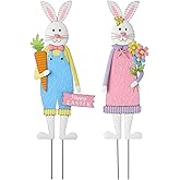 Glitzhome Easter Yard Signs Decorations Outdoor 2 Pack Metal Easter Bunny Boy & Girl Yard Stakes Standing/Hanging Decors