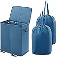 Lifewit Double Laundry Hamper with Lid and Removable Laundry Bags, Large Collapsible 2 Dividers Dirty Clothes Basket with Handles for Bedroom, Laundry Room, Closet, Bathroom, College, Blue