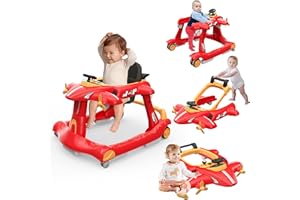 Betterhood 6-in-1 Foldable Baby Walker with Adjustable Height & Speed, Airplane-Themed Activity Push Walker with Music & Lights, Wheels, Anti-Slip Design, Suitable for Boys & Girls Aged 6-18 Months