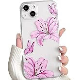 NITITOP Compatible with iPhone 14 Case Clear Cute Butterfly Lily Flower Floral Pattern for Women Girls Full Camera Lens Clear Slim Shockproof Protective Phone Cover - Rose Red