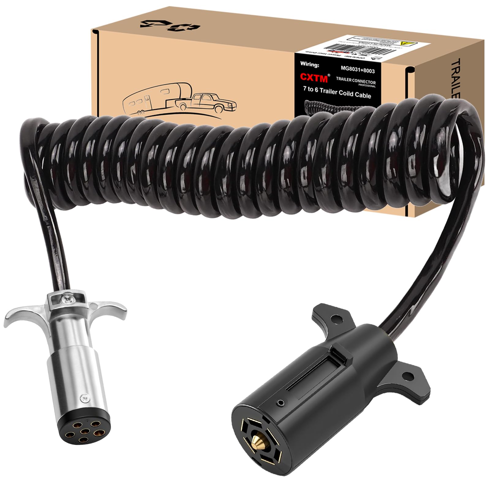 Photo 1 of CXTM 7 Pin to 6 Pin Trailer Adapter, Coiled Trailer Cord Stretches 8 Feet, 7-Wire to 6-Wire Coiled Cable RV 7 to 6 Trailer Wiring Extension Cord