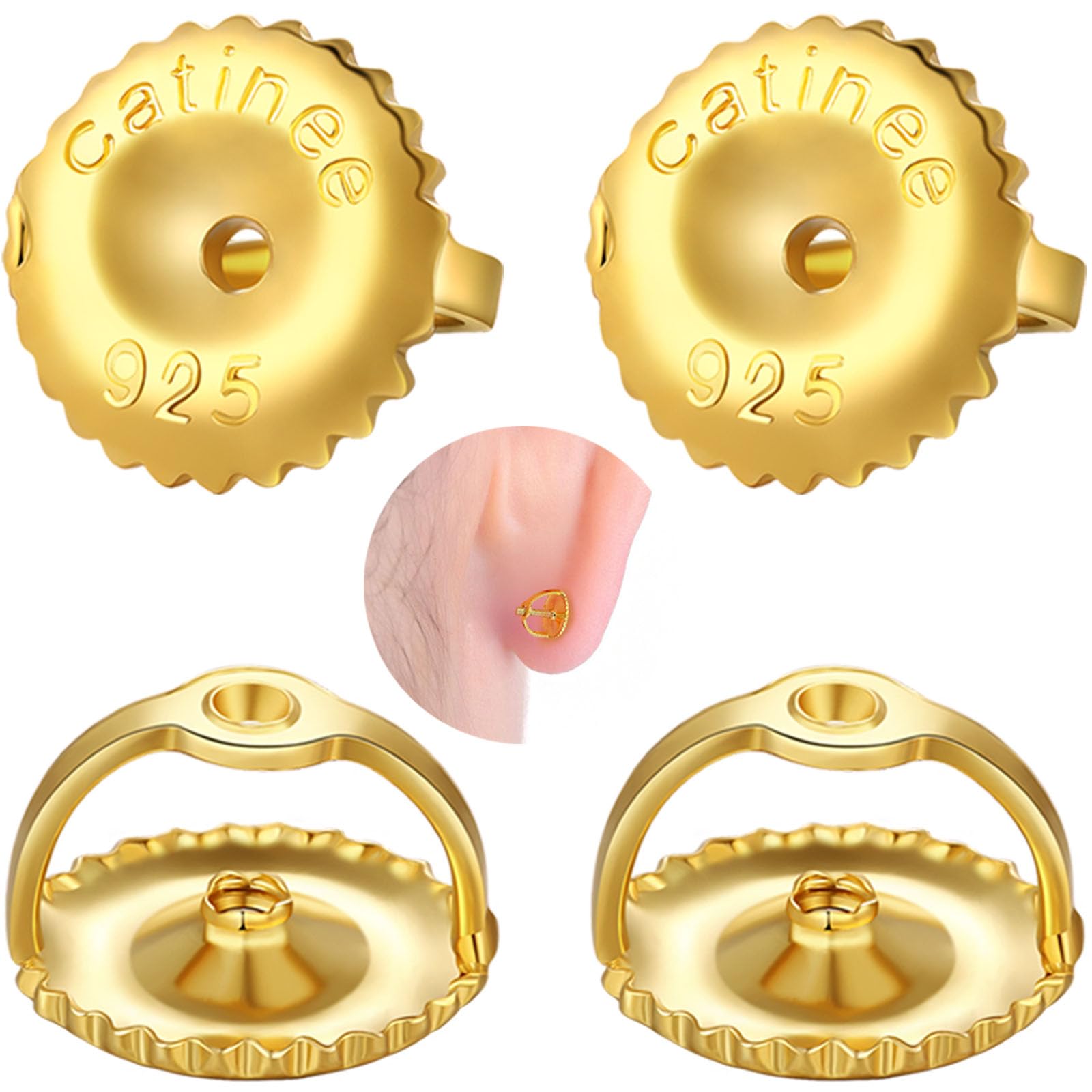 Photo 1 of 2Pairs Screw On Earring Backs Replacements,14K Gold Plated 925 Silver Secure Locking Hypoallergenic Screw Earring Backs for Studs,Screw Backs Fit forThreaded Post 0.032"(Gold)