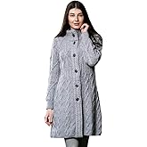 SAOL 100% Merino Wool Irish Cardigan for Women with Celtic Knot Buttons -Aran Long Outdoor Cable Knit Coatigan