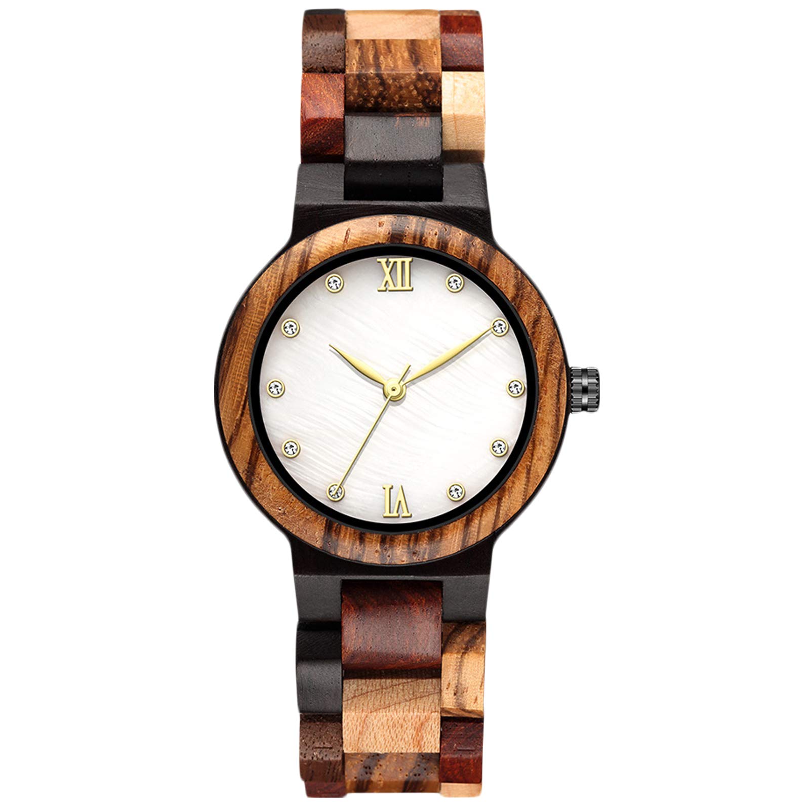 RORIOS Women Natural Wooden Wrist Watch With Rhinestone - Casual Fashion Ladies Timepiece