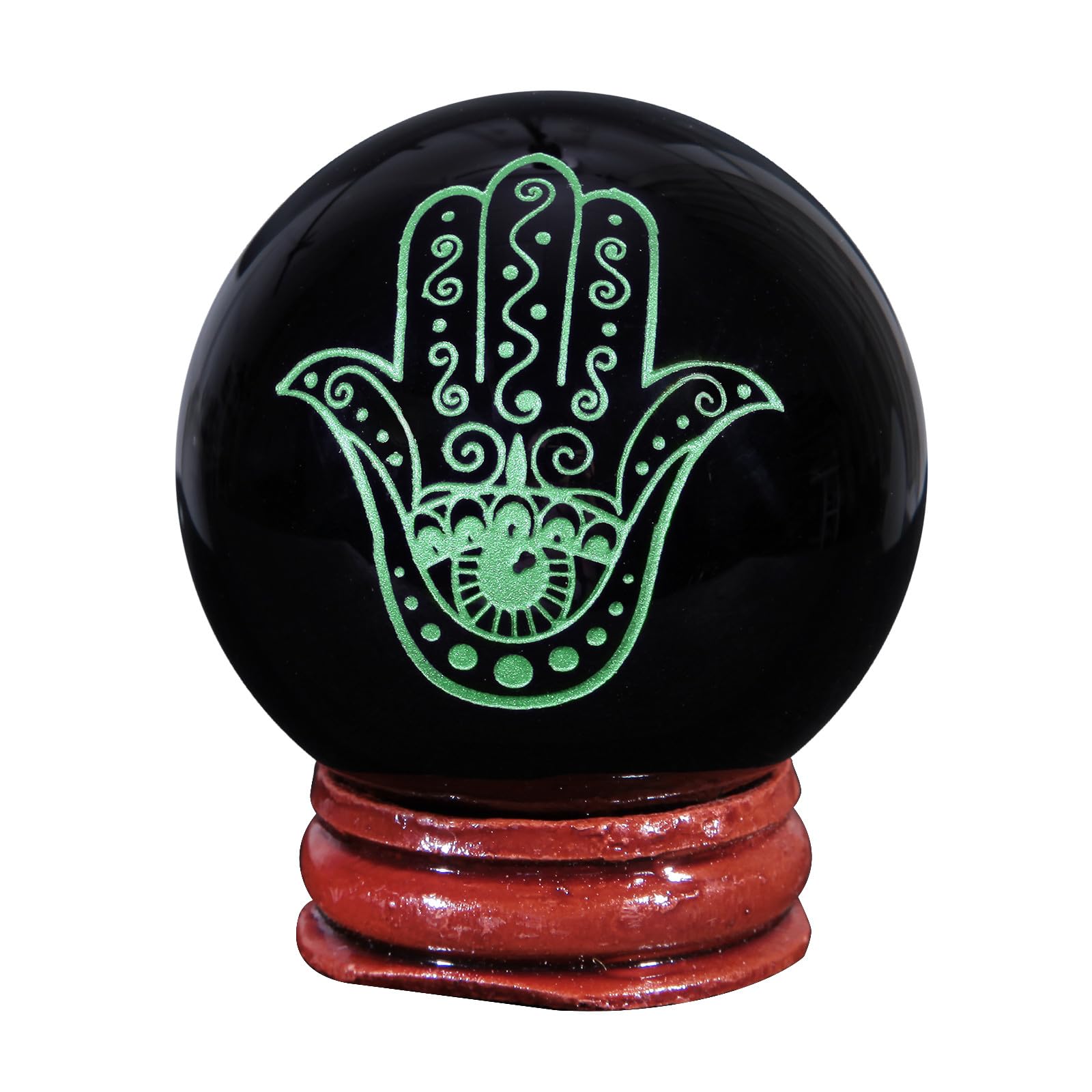 mookaitedecor Engraved Hand of Life Symbol Black Obsidian Crystal Ball Sphere Ornament with Wooden Stand, Healing Crystal Stone Wiccan Witchcraft Gifts Reiki Spiritual Room Desk Decor(Green)