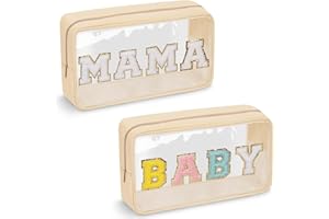 IZUZTA 2 Pcs Chenille Letter Clear Makeup Bag Mama Baby Pouch, Mama Baby Hospital Duffle Bag Clear Diaper Bag Organizing Pouches with Zipper, Travel Baby Toiletry Bag Nylon Cosmetic for Women Girl(MAMA+BABY)
