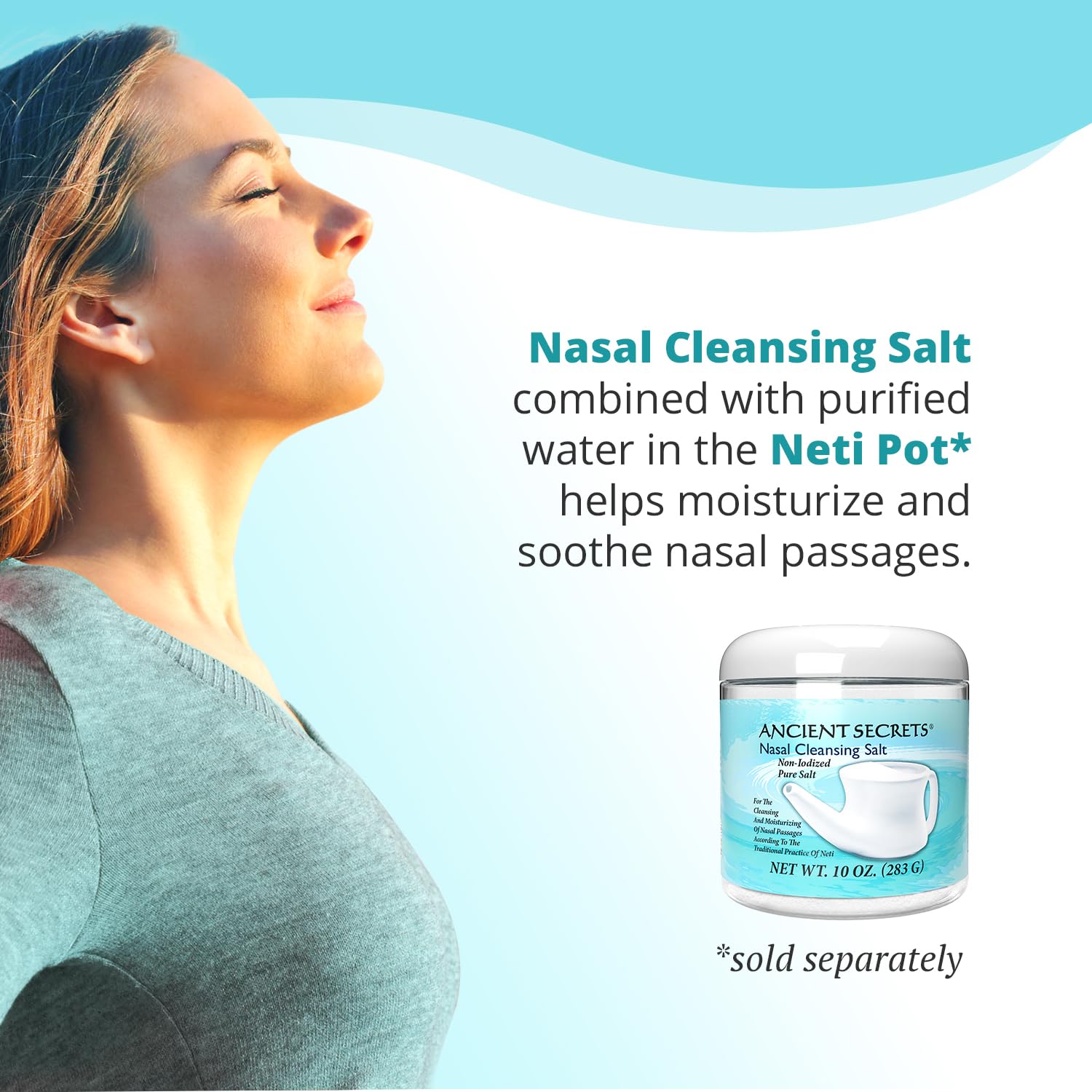 Ancient Secrets Nasal Cleansing Salt, Non-Iodized – USP-Grade Sodium Chloride for Any Neti Pot, Sinus Irrigation System, 10 Oz + Single-Use Travel Pack
