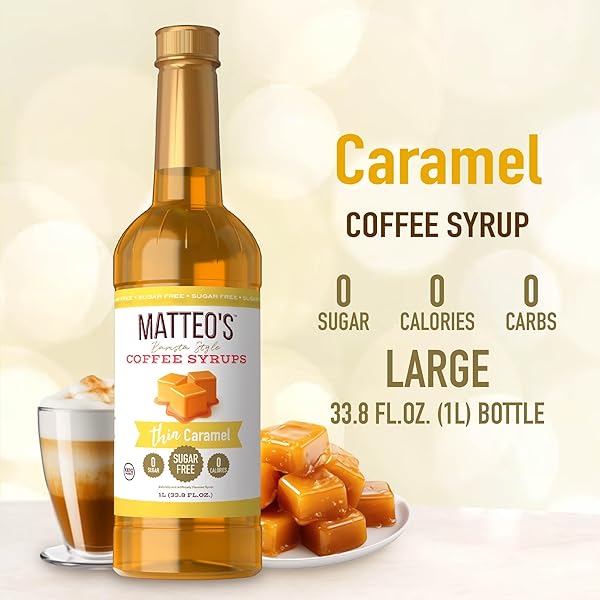 MATTEO’S CARAMEL SYRUP FOR COFFEE, LATTES, CAPPUCCINOS & DESSERTS – SUGAR-FREE SWEETENER FOR BEVERAGES, KETO FRIENDLY, ZERO CALORIES, INDULGENT FLAVOR, NON-ALCOHOLIC, IDEAL FOR COFFEE 33.8OZ (1PK)