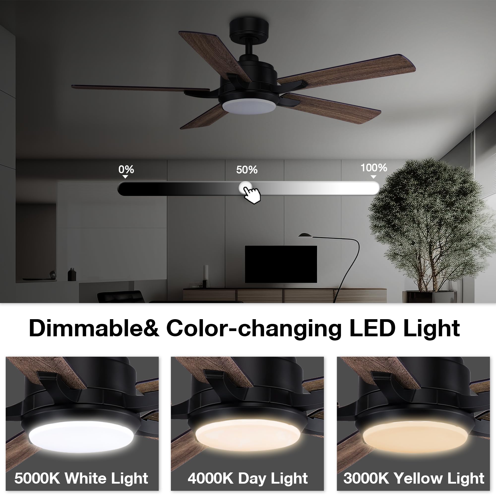 Hoenofly 52” Smart Ceiling Fans with Lights Remote,Quiet DC Motor,Outdoor Indoor Modern Ceiling Fan,Voice Control via WIFI Alexa App,6-speed,Dimmable Ceiling Fan for Bedroom Patio,Black& Walnut Brown