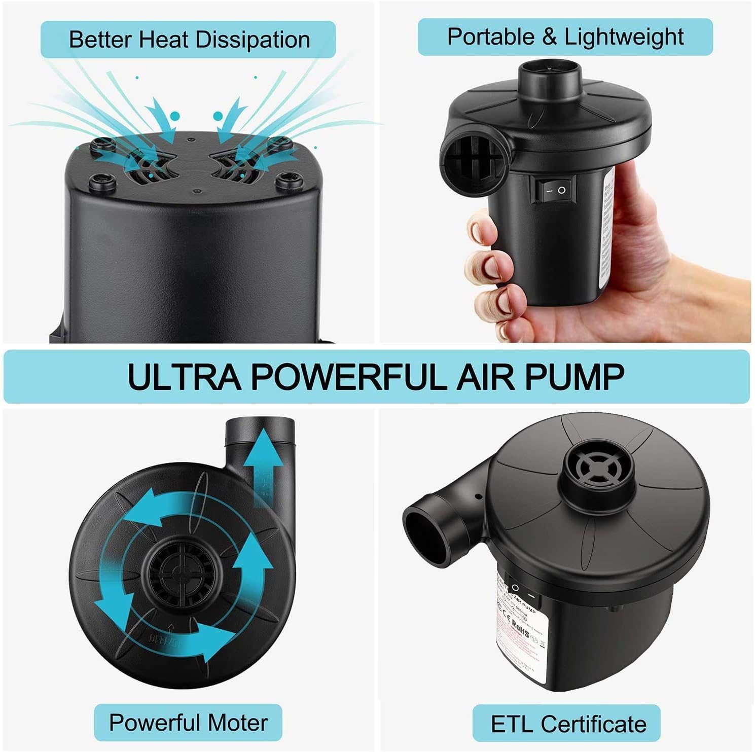 KERUITA Electric Air Pump, Air Mattress Portable Pump for Inflatables Pool Floats, Blow up Pool Raft Bed Boat Toy, Inflator Deflator with 3 Nozzles, 110-120 Volt, 130W: Sports & Outdoors