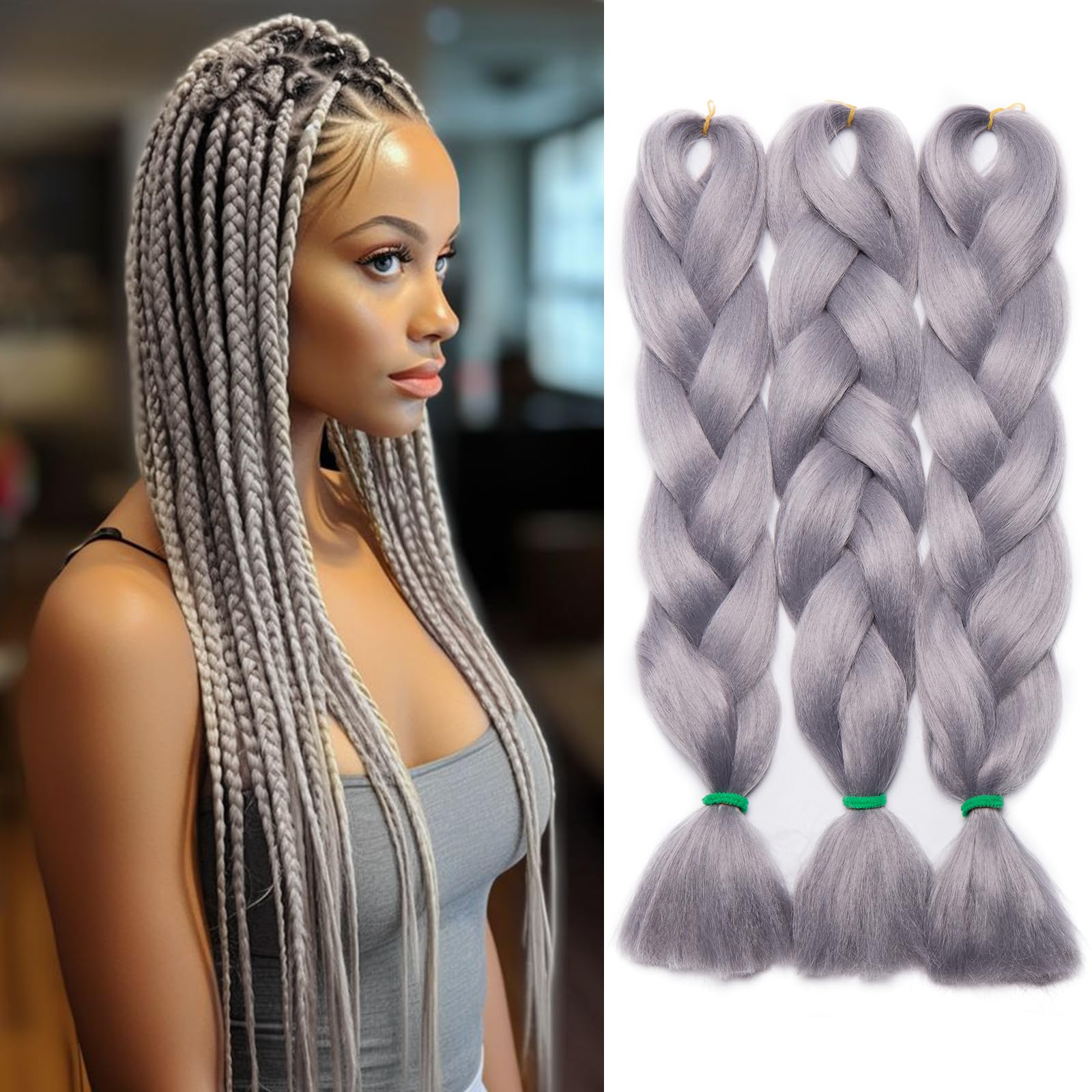 Silk-co 24inches Wholesale 3 Pcs Ombre Crochet Jumbo Braid 300g Braiding Hair Extension Afro Braid Synthetic Hair [Silver Grey] — image 1