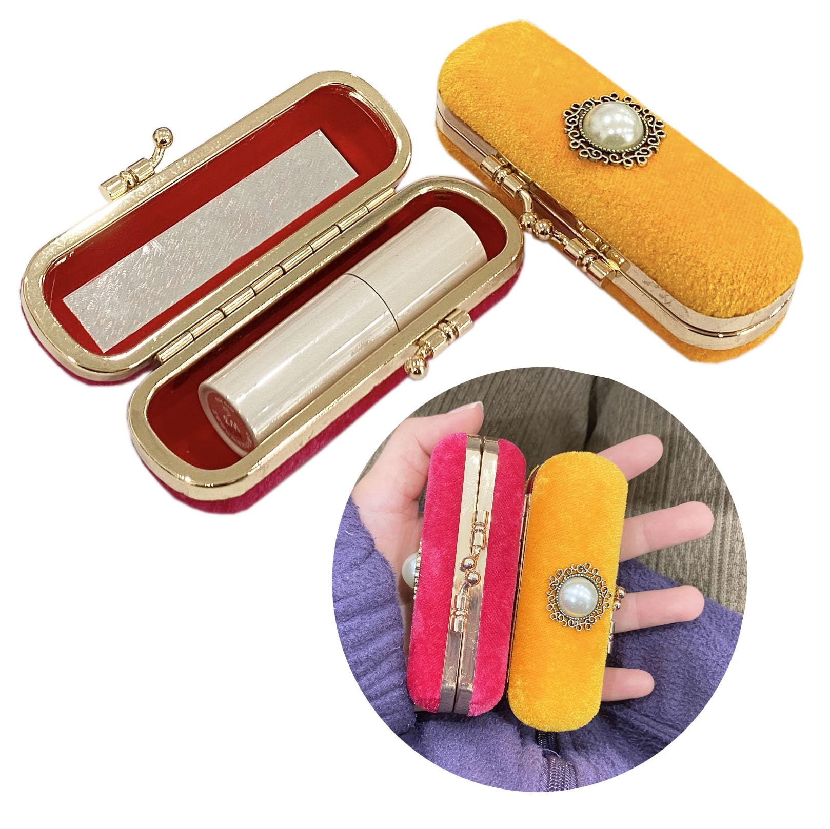 MIAO JIN 2PCS Lipstick case with mirror Lipstick case Storage case Mini portable Pearl Decoration Soft jewelry case cosmetic case (Red ＆ Yellow)
