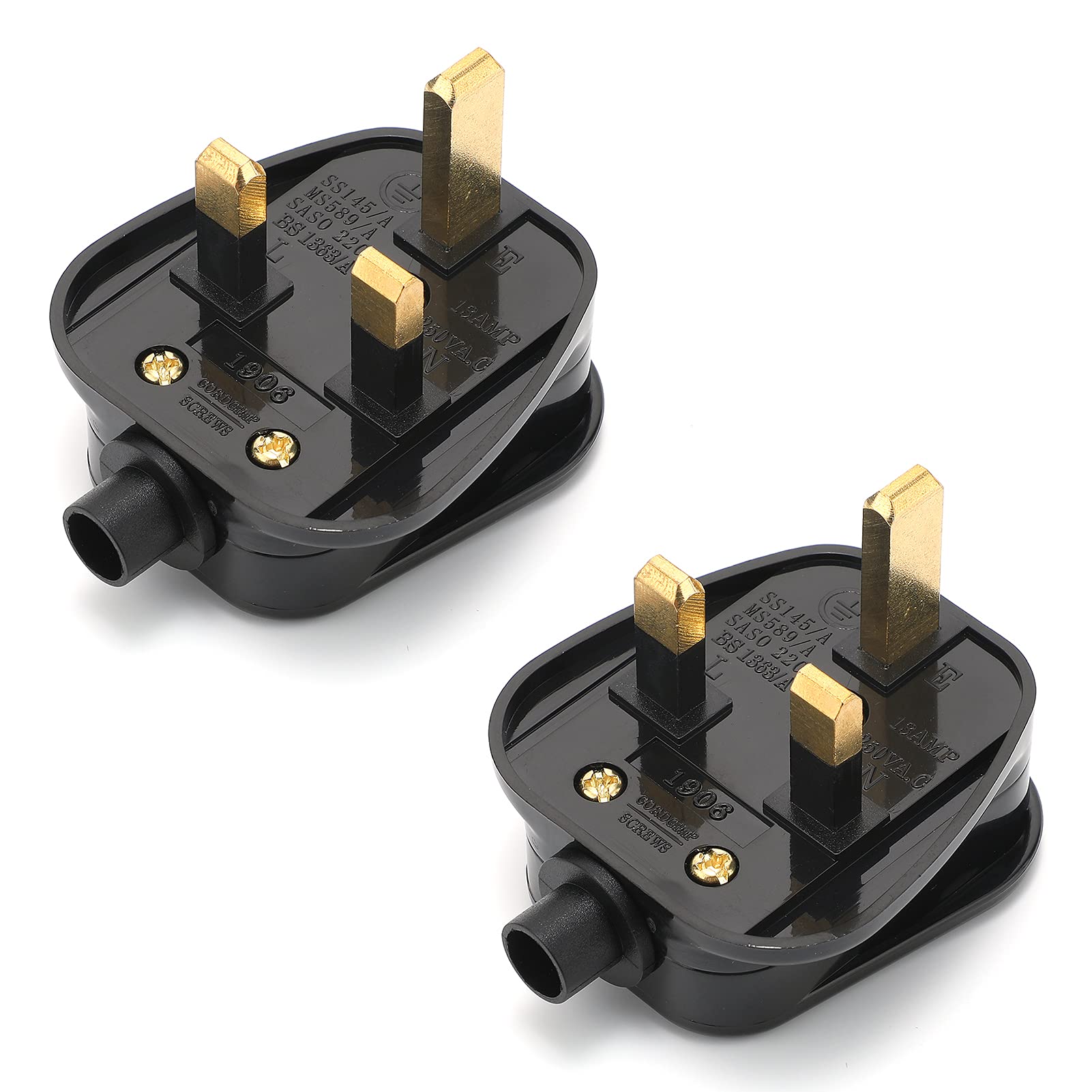 AUKENIEN 3 Pin Plug UK 13 Amp 13A Mains Plugs 13 A Fused Plug with Cord Grip Electrical 3pin Plugs , Black (Pack of 2)