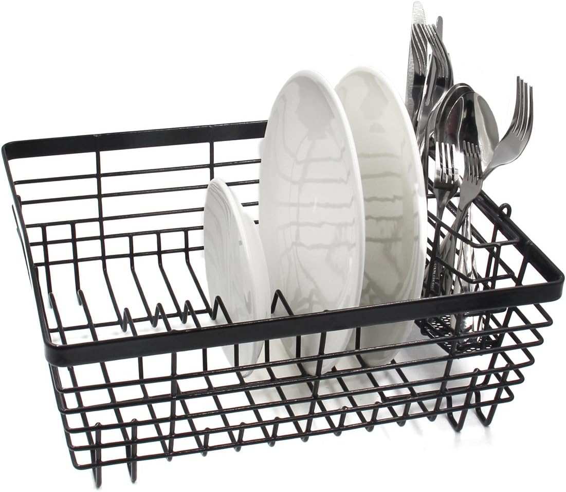 TQVAI Medium Dish Drying Rack Kitchen Dish Drainer with Silverware Storage, Black