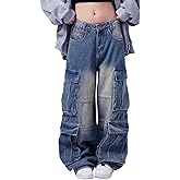 Chmnigma Baggy Cargo Jeans for Women Men Y2K Cargo Denim Sweatpants Low Rise Wide Leg Pants Streetwear Clothes